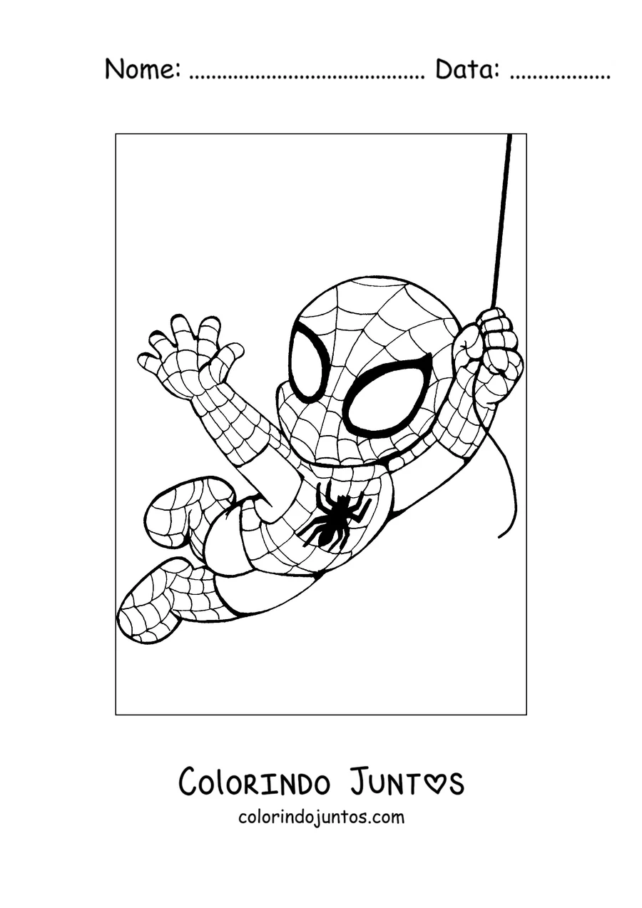 Desenho para colorir de um pequeno Homem-Aranha pendurado e se balançando na teia