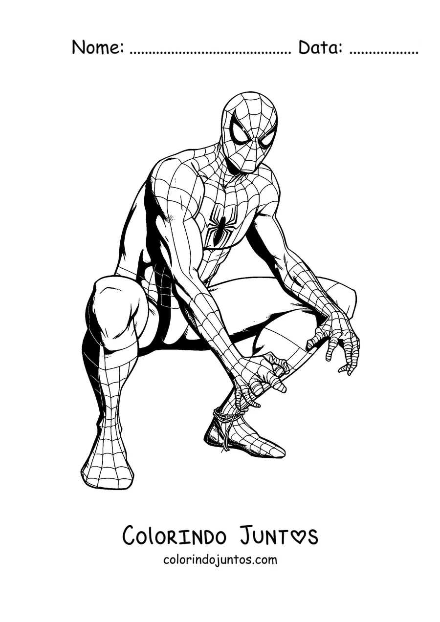 Desenho para colorir do Homem-Aranha agachado em uma pose de herói
