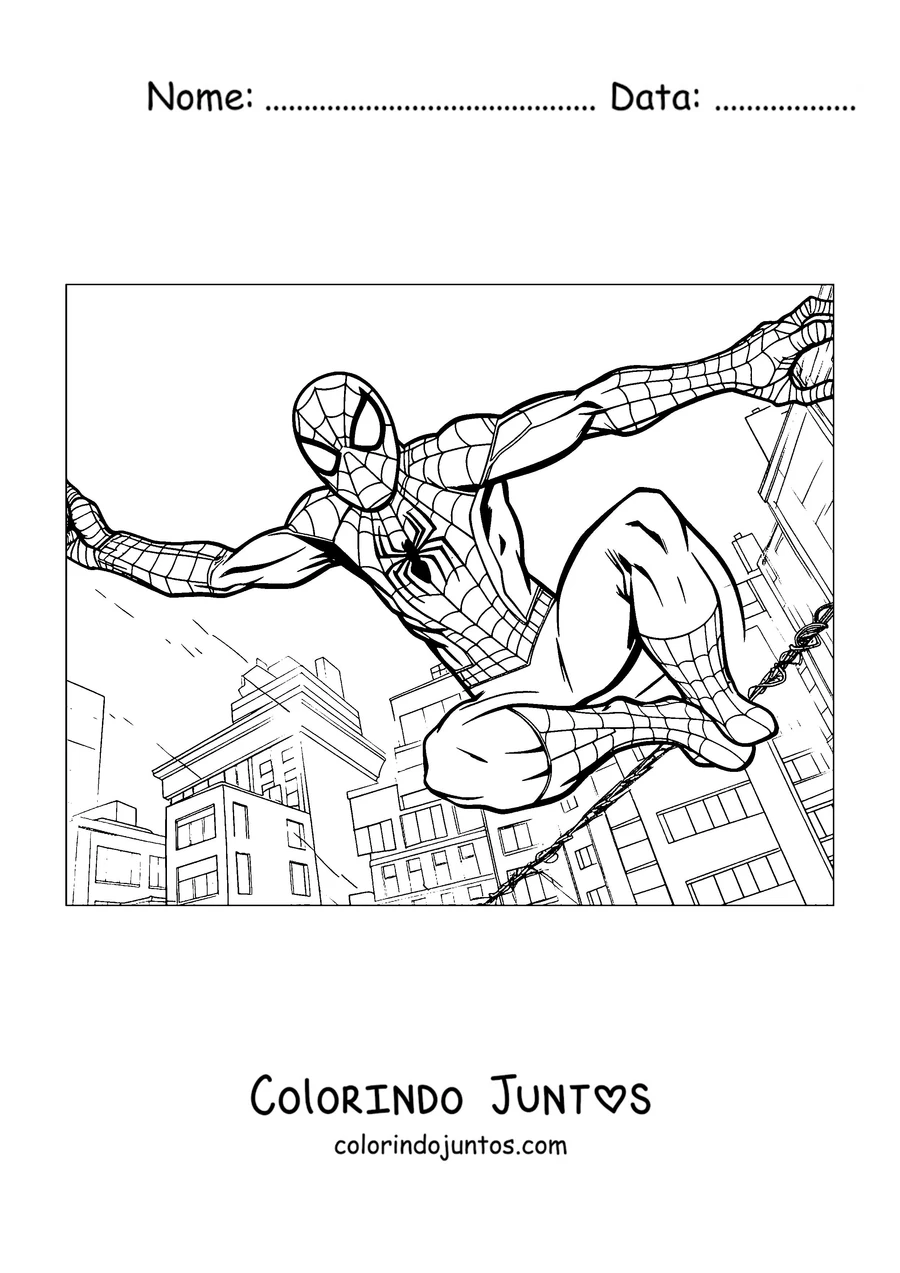 Desenho para colorir do Homem-Aranha pulando com os braços abertos entre os prédios