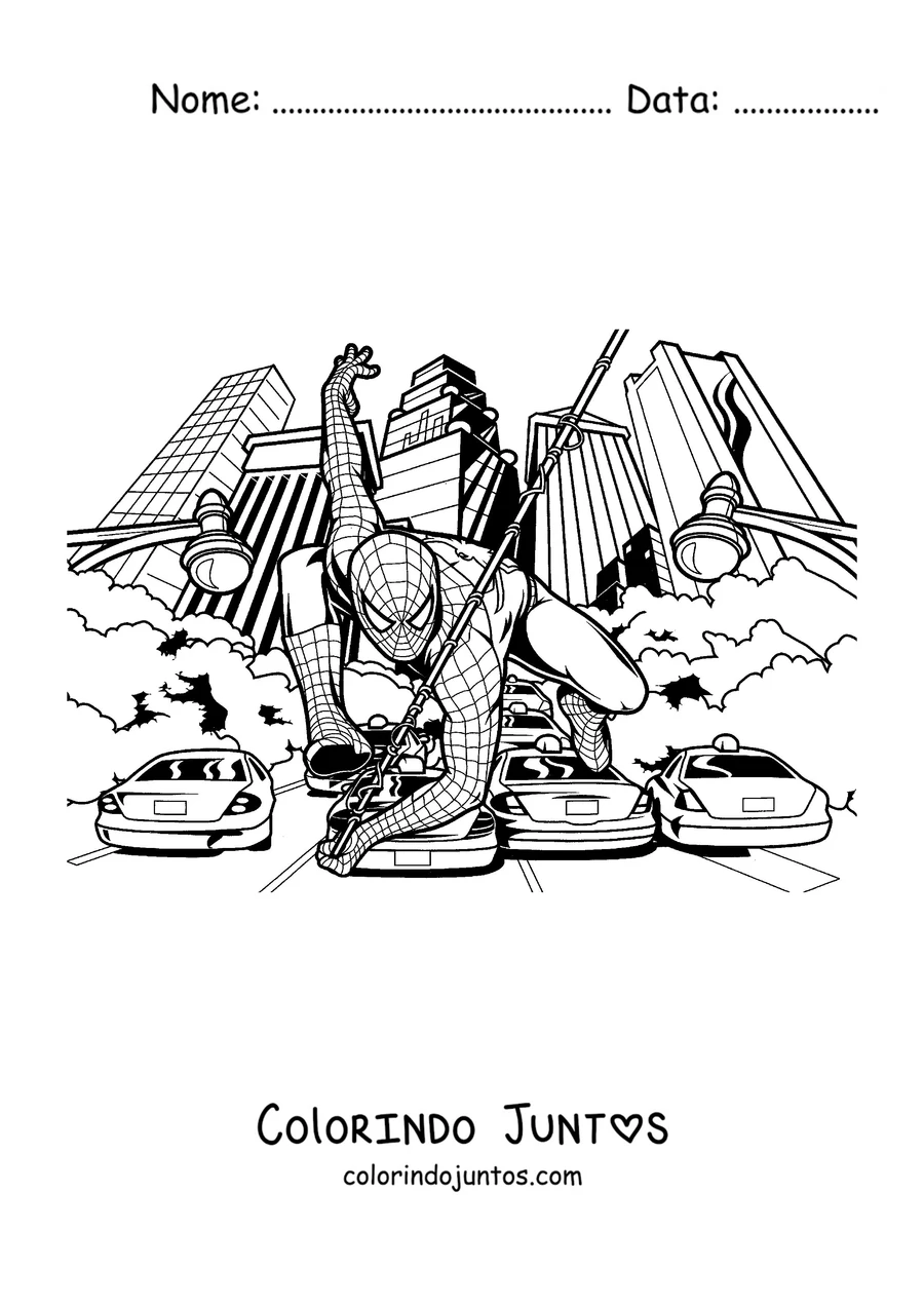 Desenho para colorir do Homem-Aranha agachado sobre os carros em uma rua da cidade