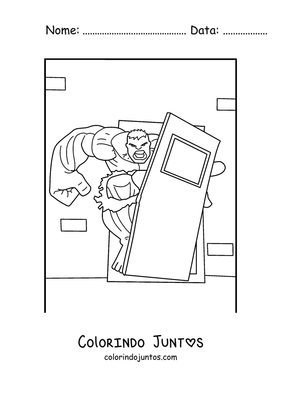 Desenho para colorir do Hulk arrancando uma porta de metal