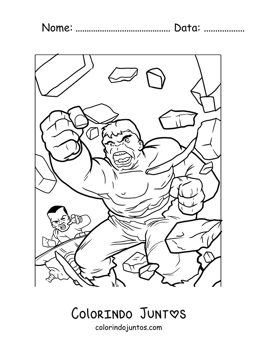 Desenho para colorir do Hulk atravessando uma parede