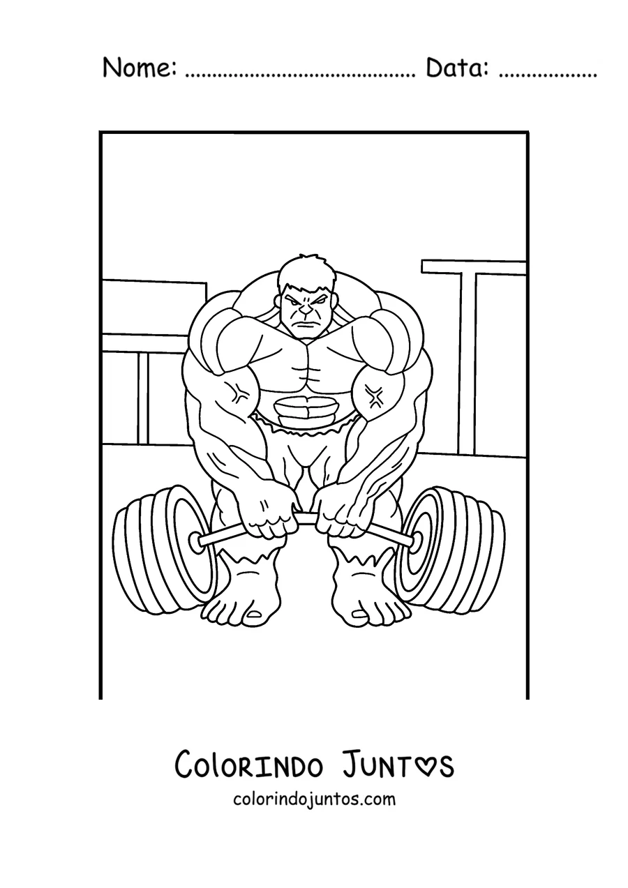 Desenho para colorir do Hulk levantando um haltere enorme