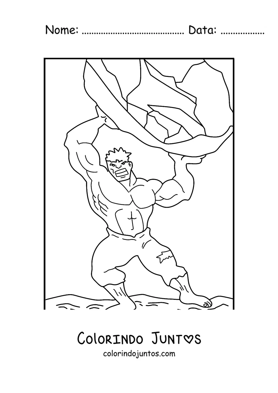 Desenho para colorir do Hulk levantando uma rocha gigante