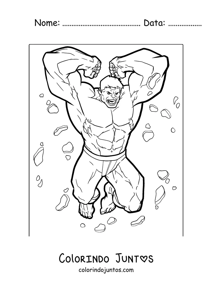Desenho para colorir do Hulk pulando com os punhos erguidos