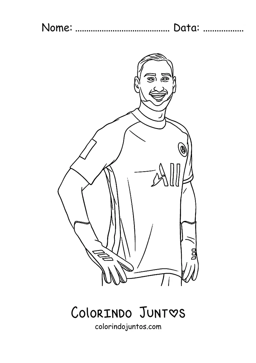Desenho para colorir de um jogador do PSG sorrindo com as mãos na cintura