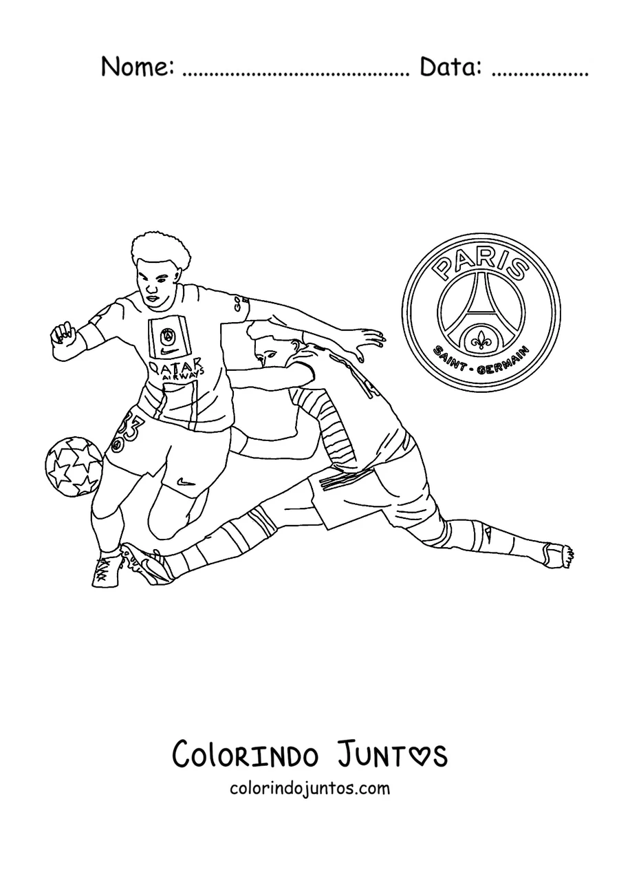 Desenho para colorir de dois jogadores do PSG disputando a bola na partida