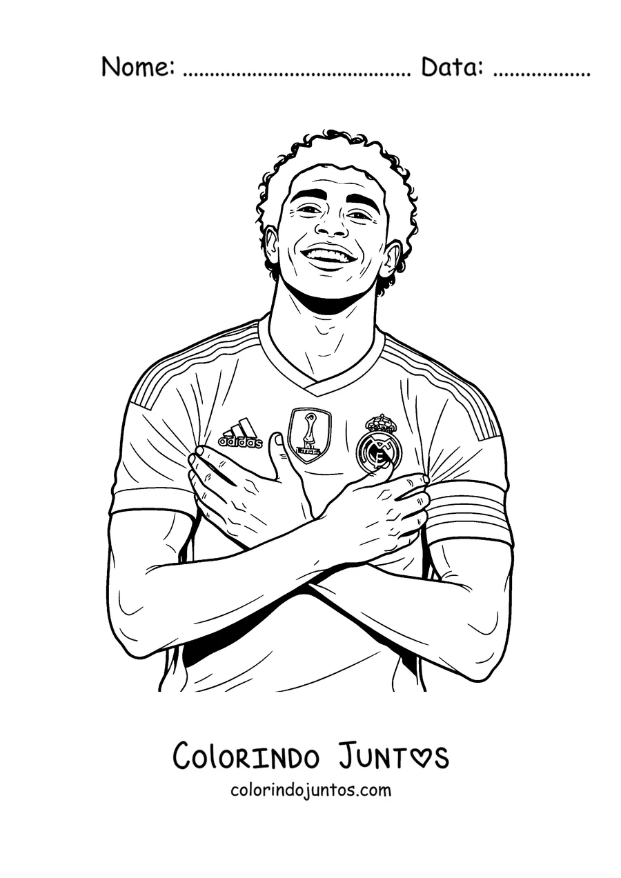 Desenho para colorir do Lamine Yamal comemorando com os braços cruzados sobre o peito