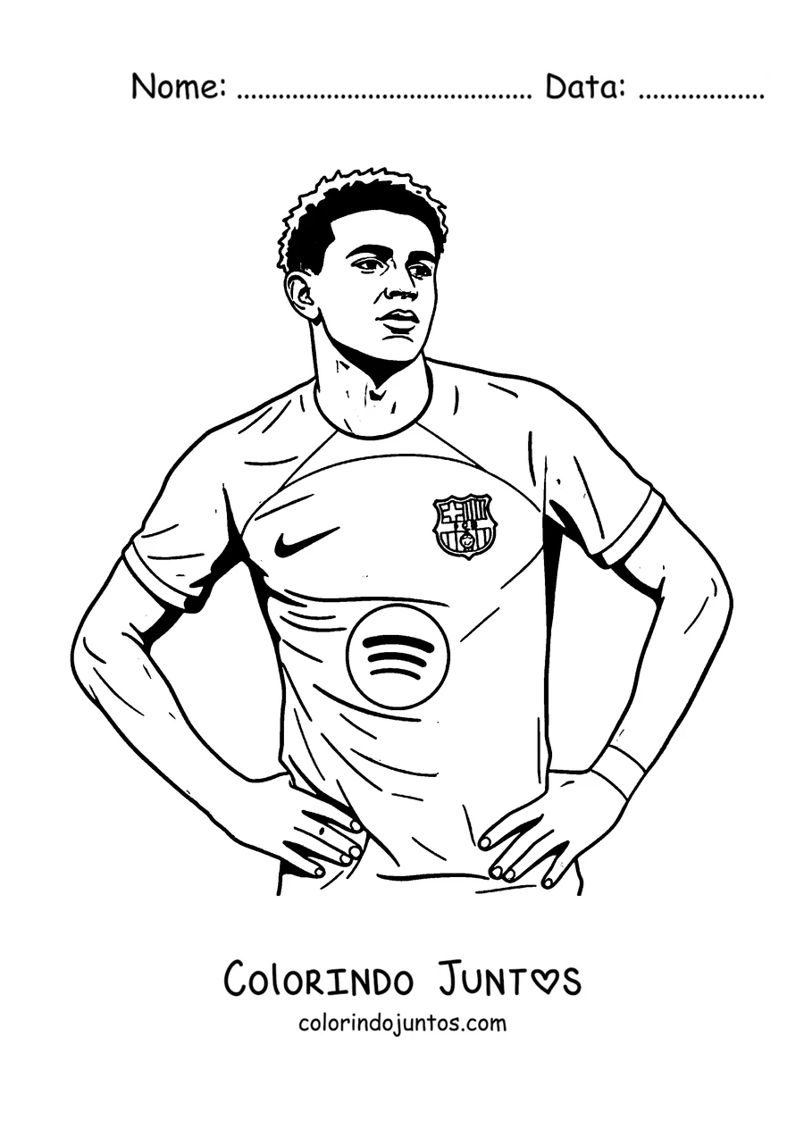 Desenho para colorir do Lamine Yamal em pé com as mãos na cintura e a camisa do Barcelona