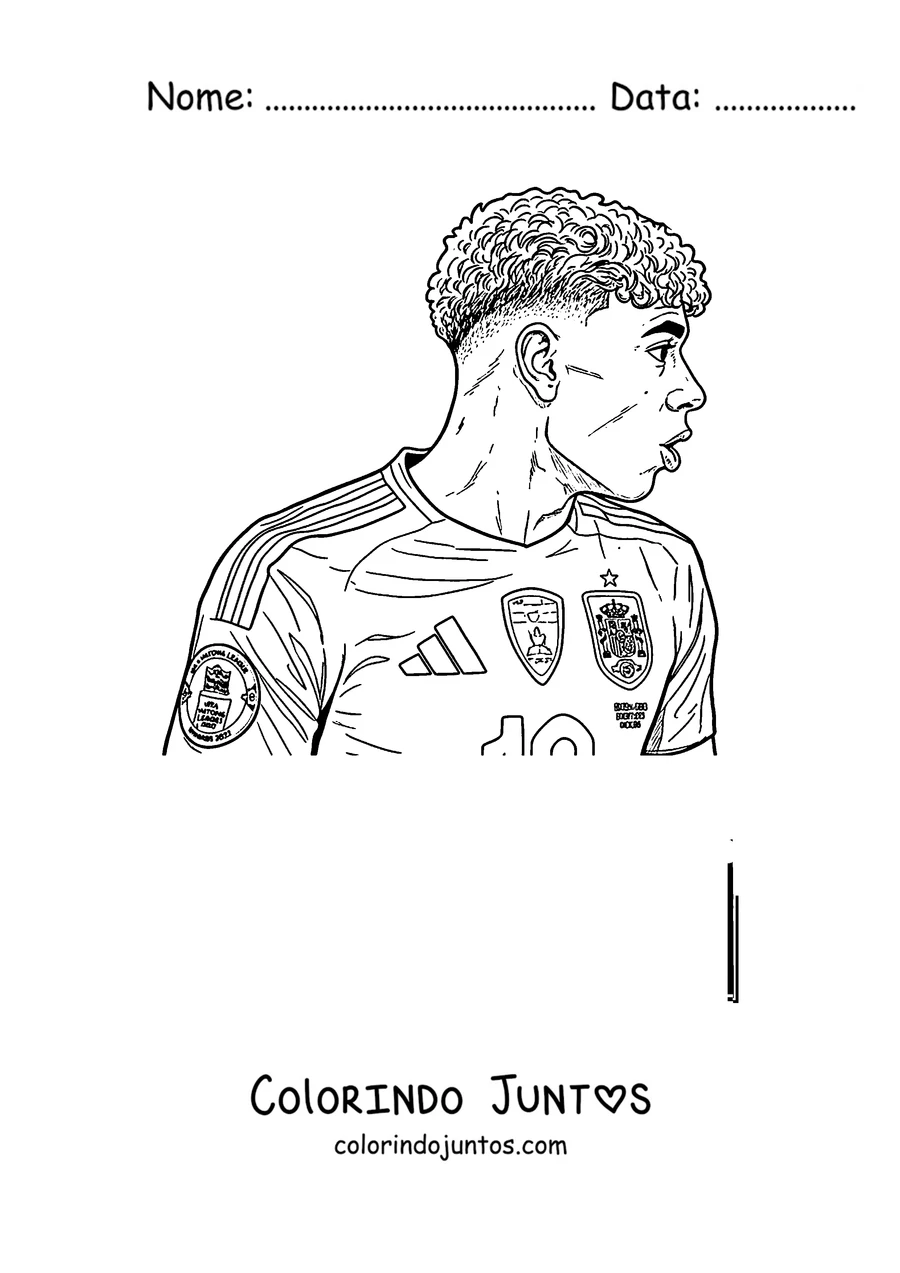 Desenho para colorir do Lamine Yamal com a camisa da seleção da Espanha