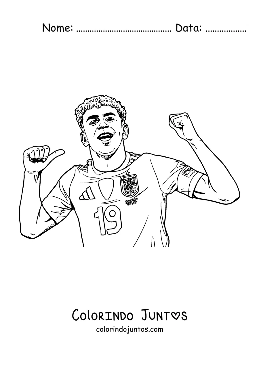 Desenho para colorir do Lamine Yamal comemorando um gol com a camisa da Espanha