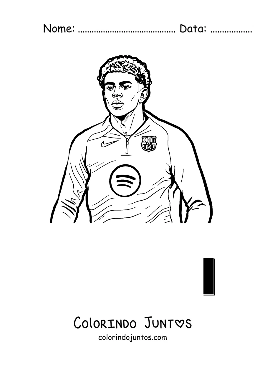Desenho para colorir do Lamine Yamal em pé com os braços cruzados e a camisa do Barcelona