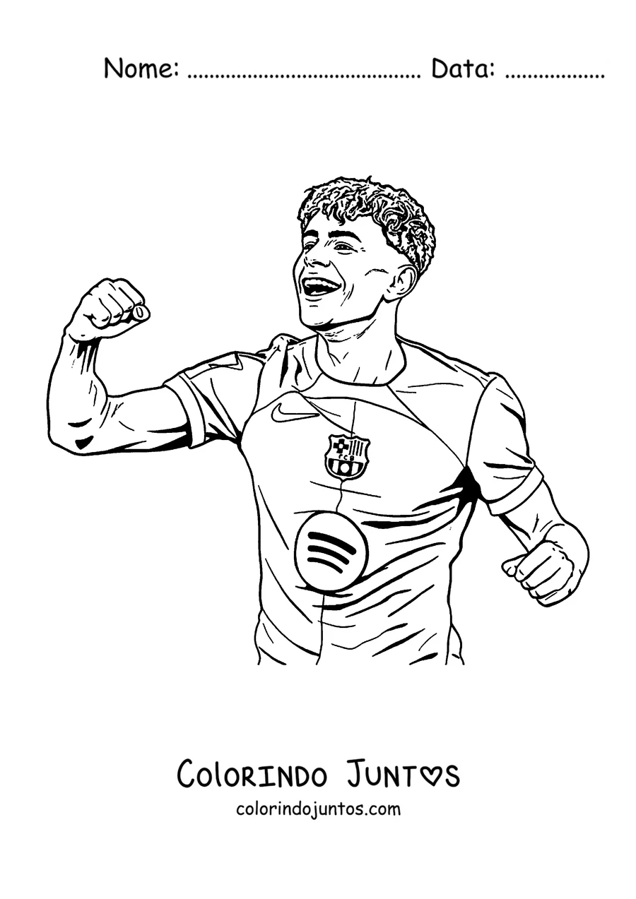 Desenho para colorir do Lamine Yamal flexionando o braço com a camisa do Barcelona