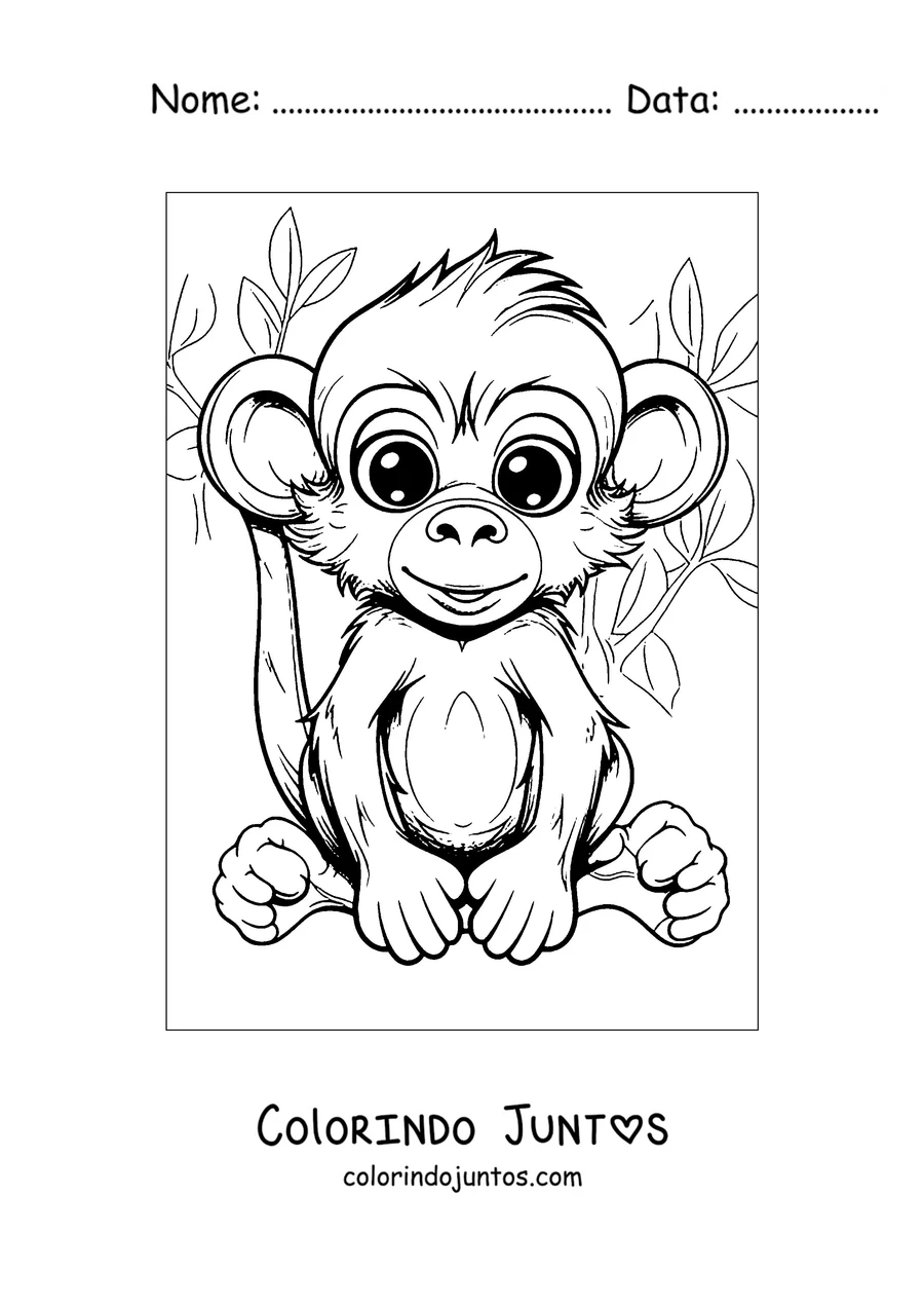 Desenho para colorir de um macaco bebê sentado entre as folhas