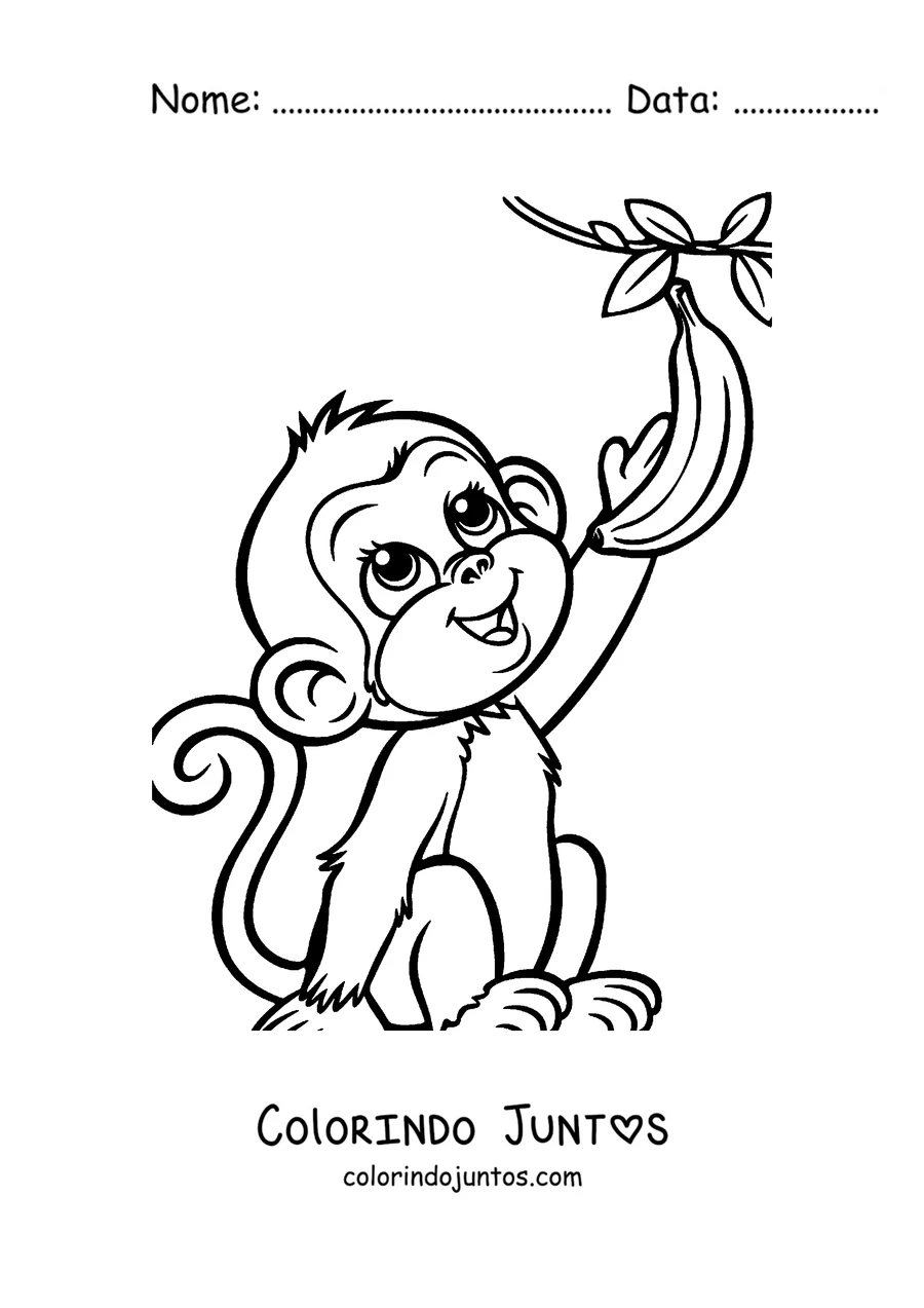 Desenho para colorir de um macaco sentado segurando uma banana