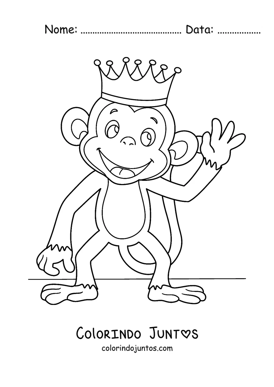 Desenho para colorir de um macaco com coroa de rei acenando