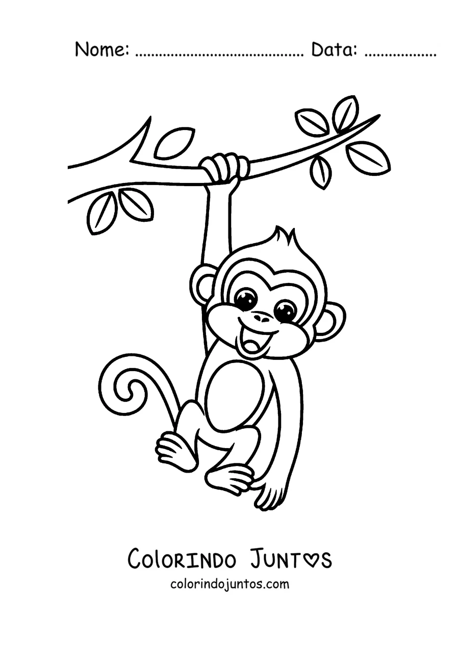 Desenho para colorir de um macaco pendurado num galho pelo rabo