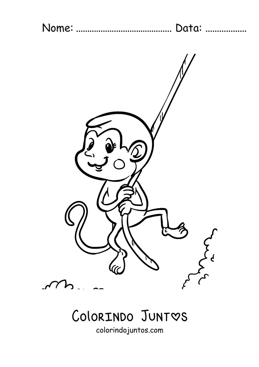 Desenho para colorir de um macaco se balançando num cipó