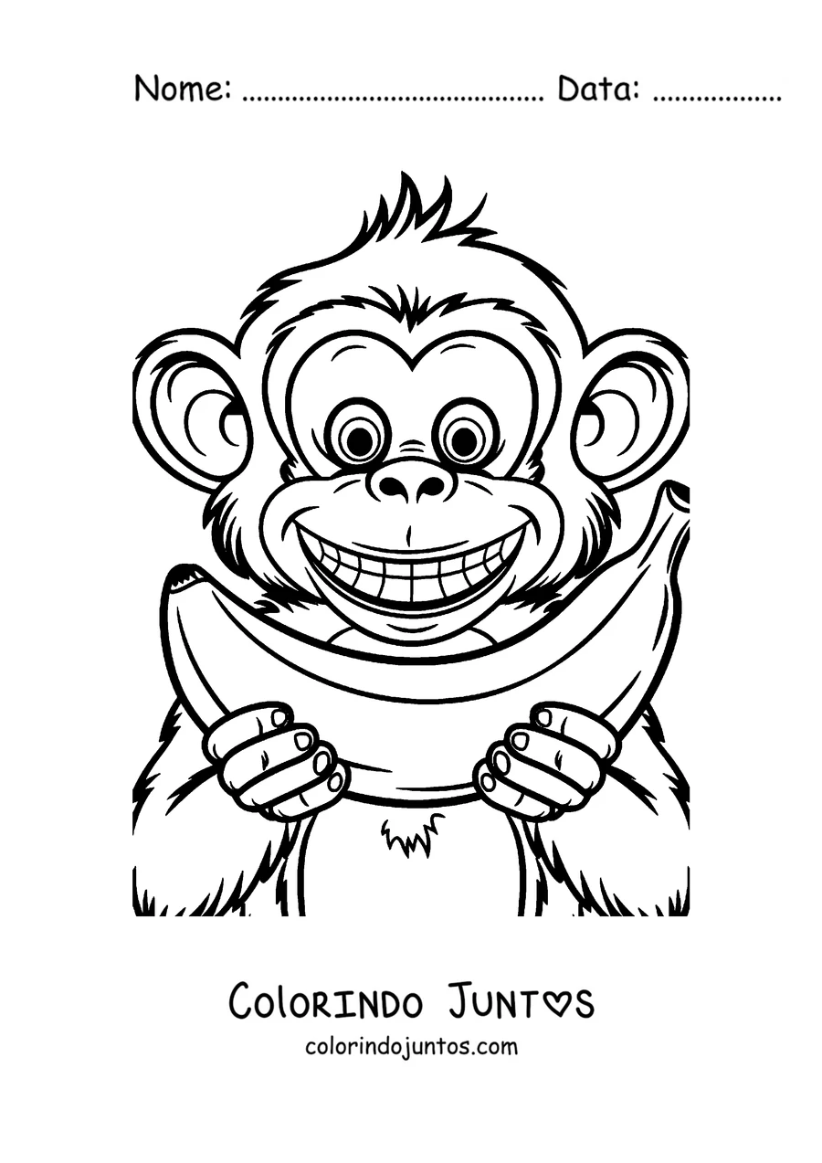 Desenho para colorir de um macaco sorridente comendo uma banana