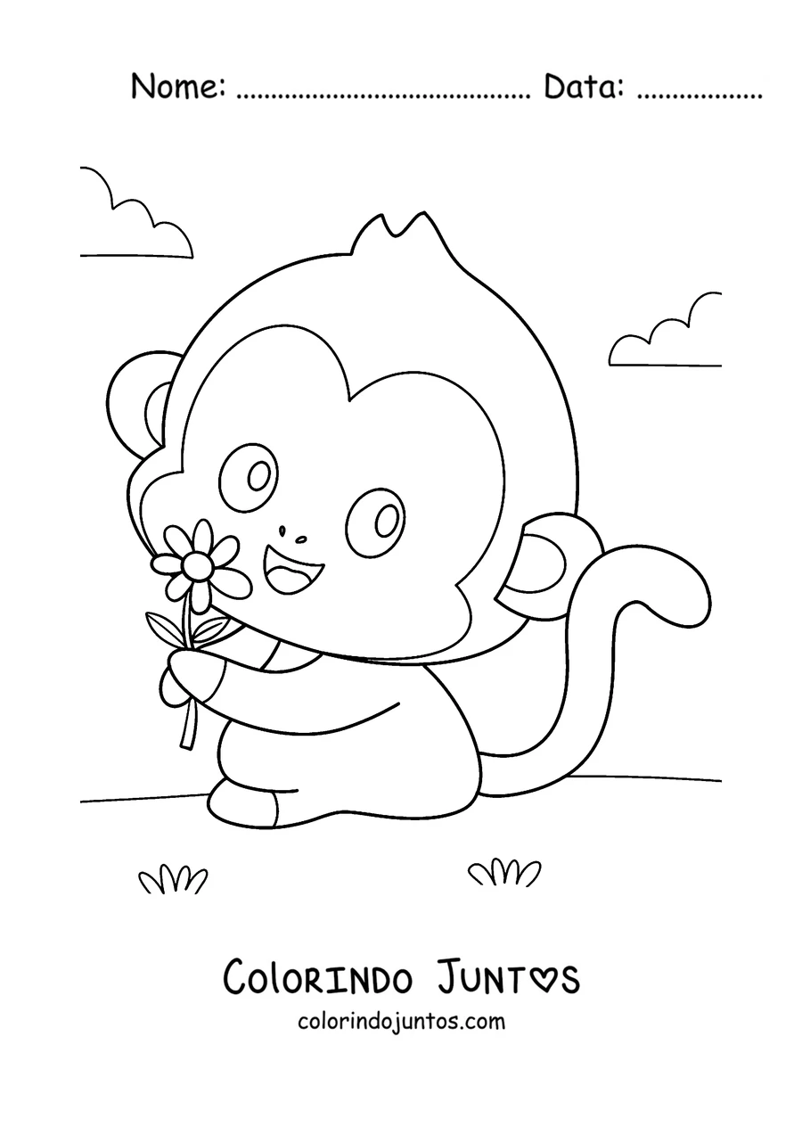 Desenho para colorir de um macaquinho bebê segurando uma flor