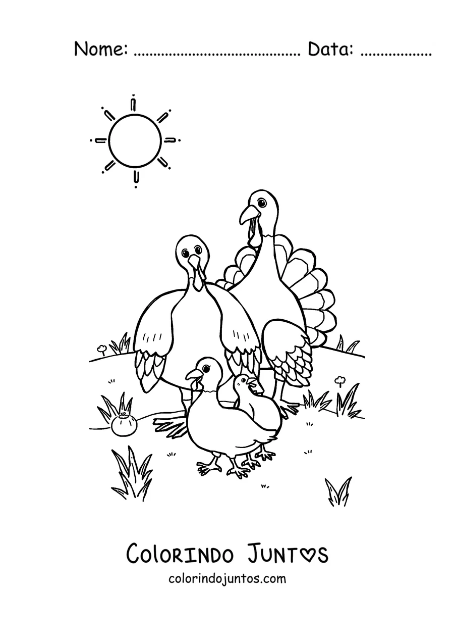 Desenho para colorir de uma mamãe peru passeando com seus filhotes