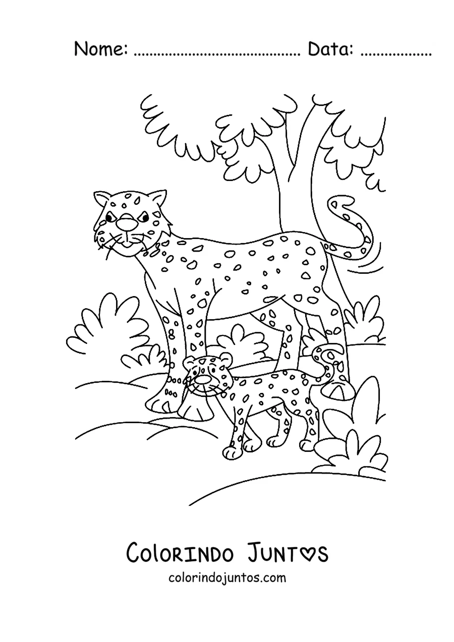 Desenho para colorir de uma mamãe guepardo passeando com o filhote