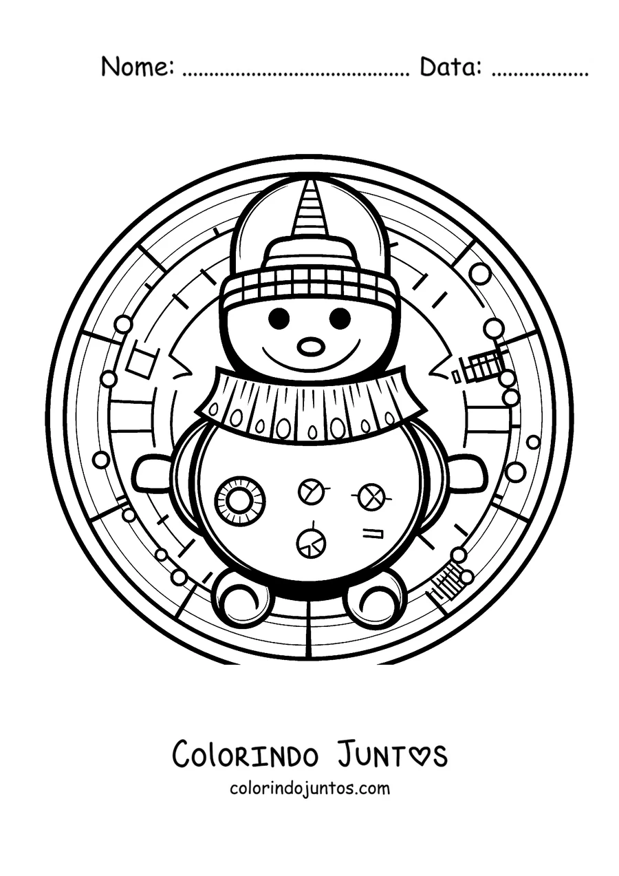 Desenho para colorir de uma mandala de inverno com um boneco de neve de gorro e cachecol dentro de um círculo