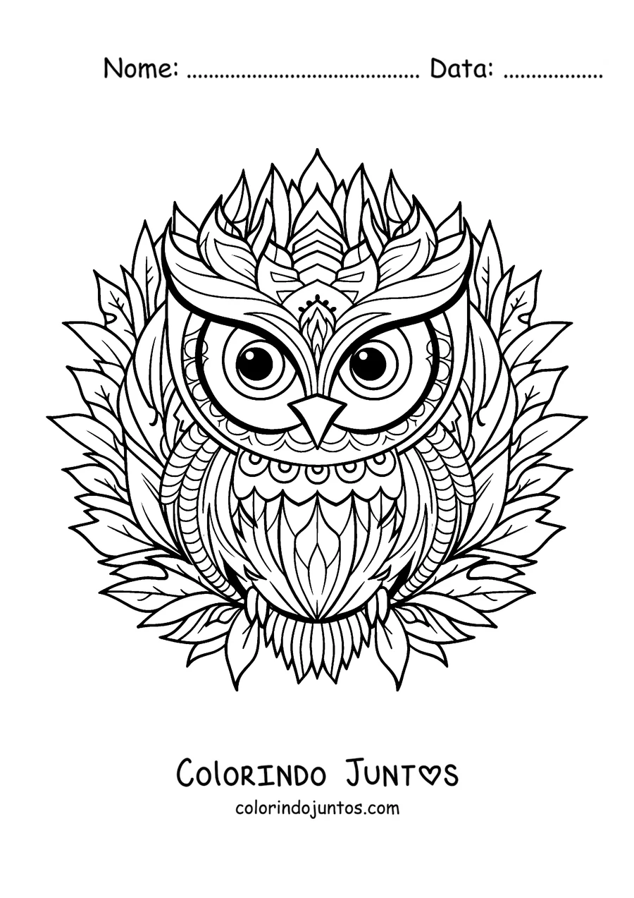 Desenho para colorir de uma mandala de inverno com uma coruja sobre folhas e figuras em forma de floco