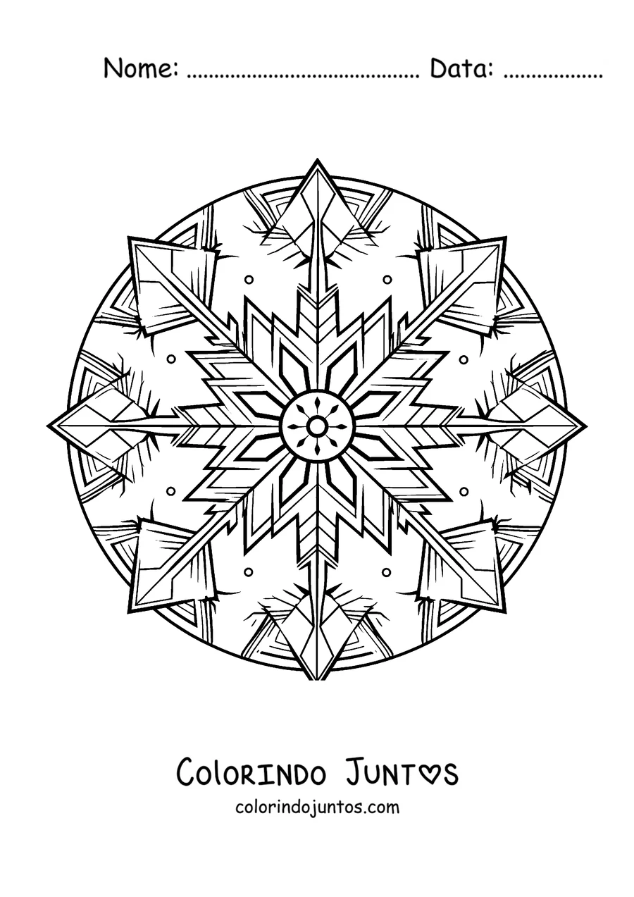 Desenho para colorir de uma mandala de inverno em forma de cristal de gelo com estrelas
