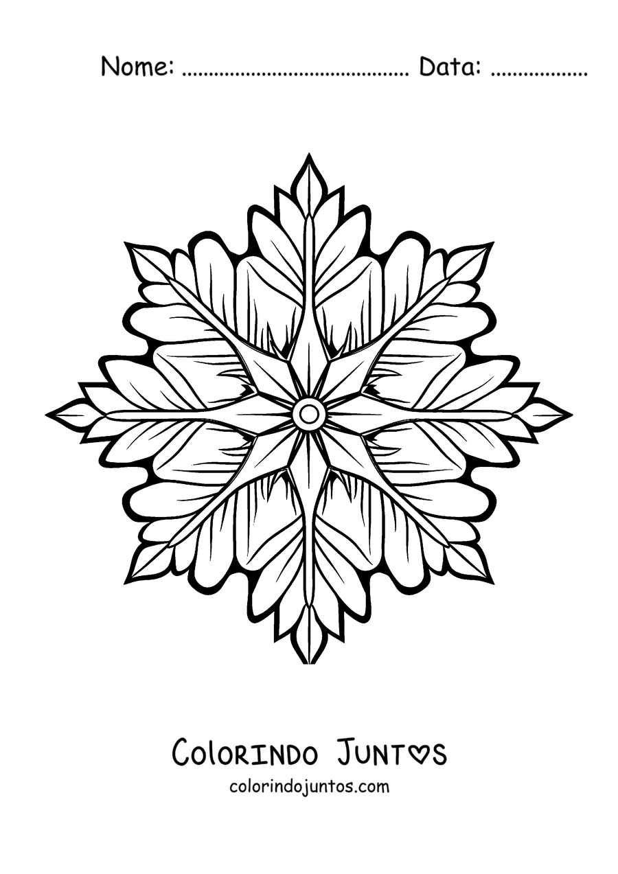 Desenho para colorir de uma mandala de inverno com uma grande estrela de pontas e folhas
