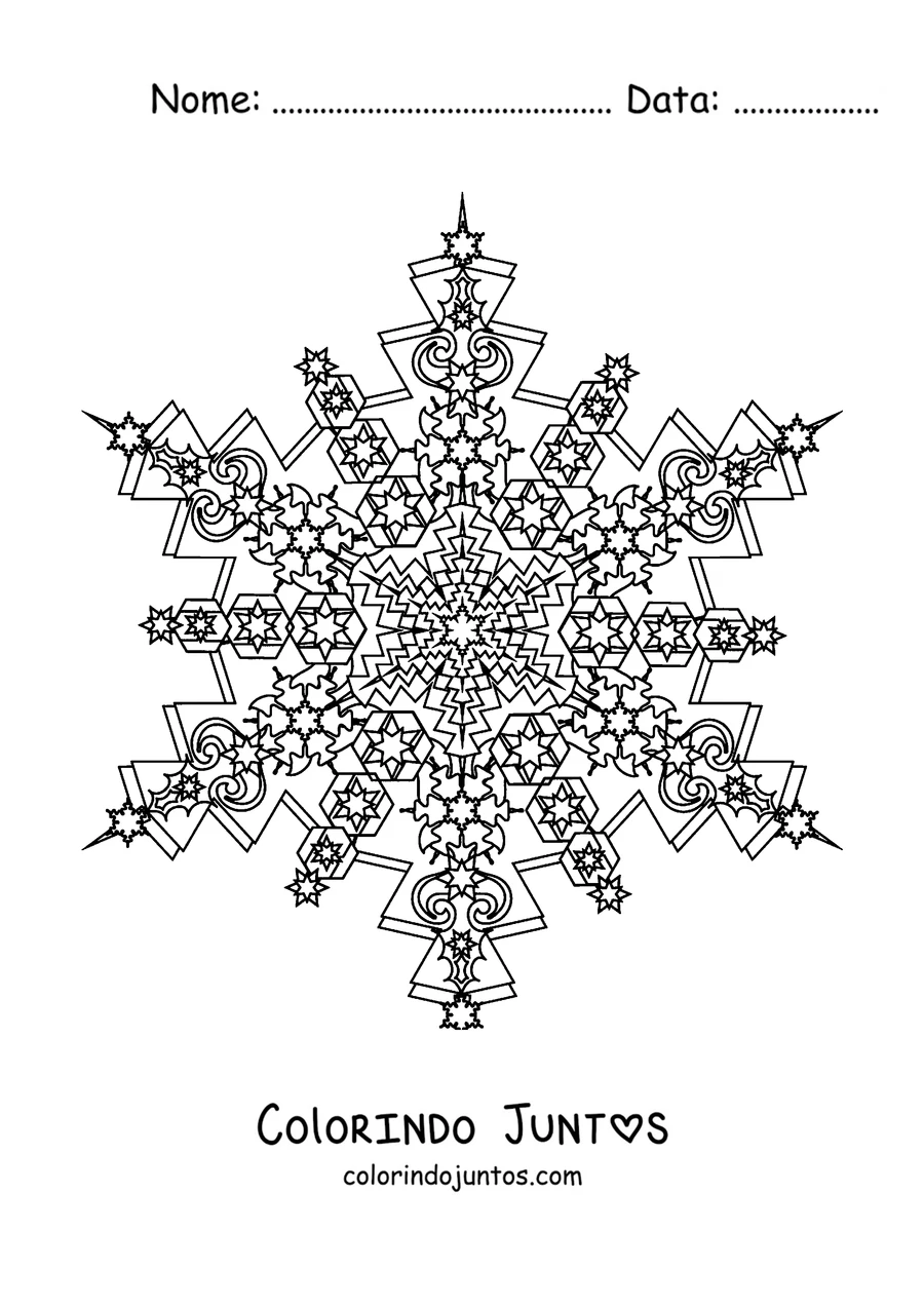 Desenho para colorir de uma mandala de inverno em forma de floco de neve de seis braços bem detalhado