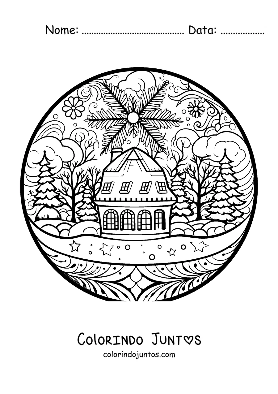 Desenho para colorir de uma mandala de inverno com uma cabana nevada e pinheiros dentro de um globo de neve