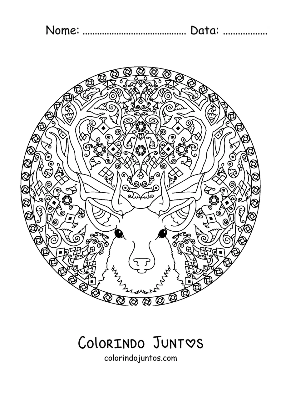 Desenho para colorir de uma mandala de inverno com a cabeça de uma rena com grandes chifres