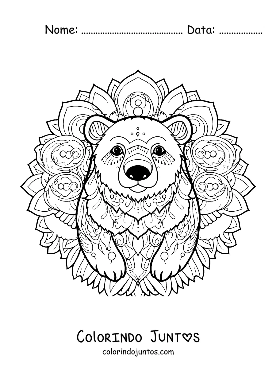 Desenho para colorir de uma mandala de inverno com o rosto de um urso polar sobre figuras circulares