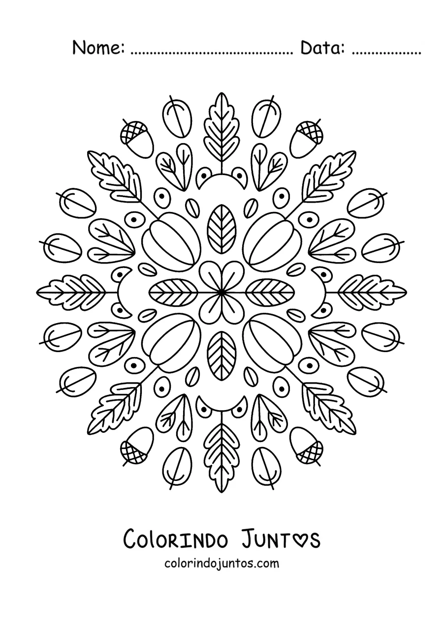 Desenho para colorir de uma mandala de outono com bolotas e folhas de carvalho