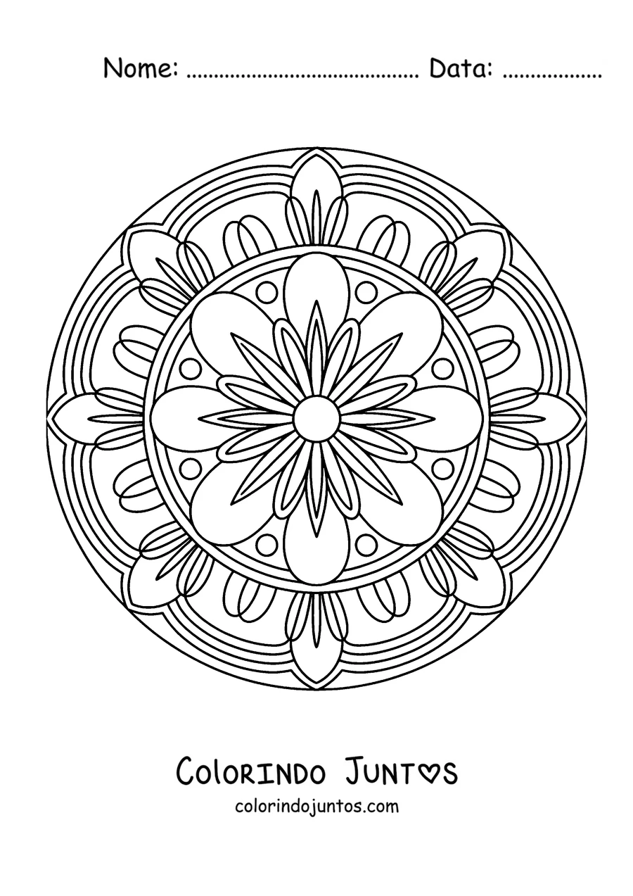 Desenho para colorir de uma mandala de outono com uma flor no centro e um anel de pétalas