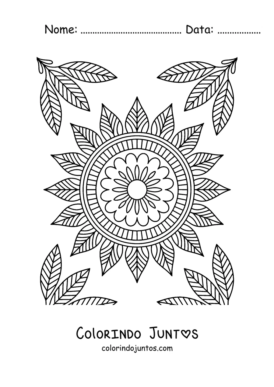 Desenho para colorir de uma mandala de girassol com cachos de folhas nos cantos