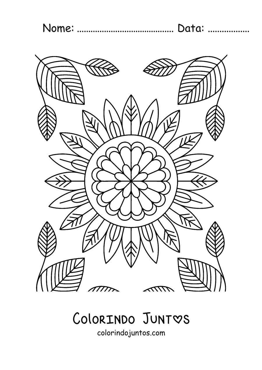 Desenho para colorir de uma mandala de girassol rodeada de folhas de outono