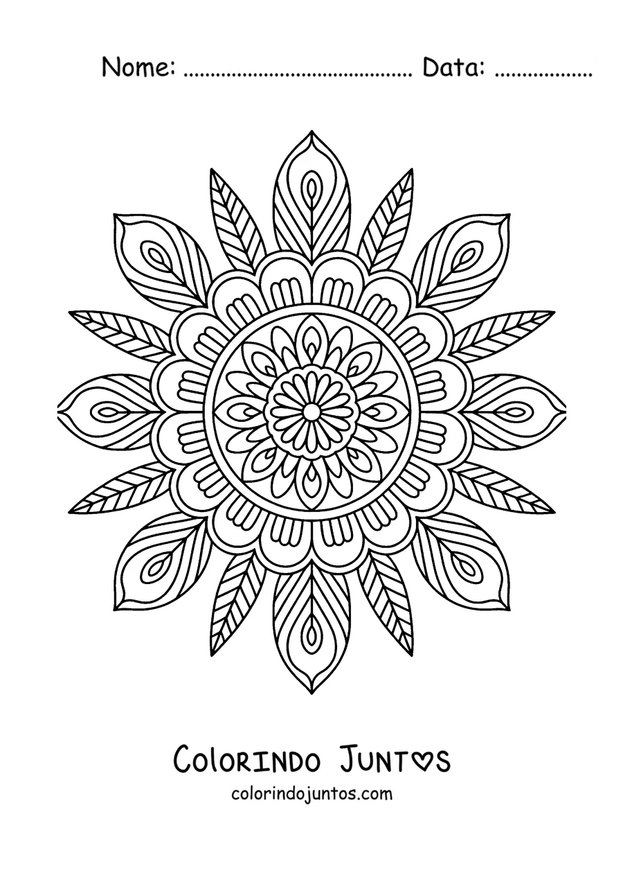 Desenho para colorir de uma mandala de outono com pétalas em forma de folha ao redor do centro