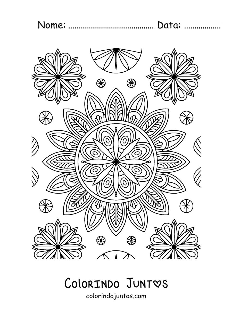 Desenho para colorir de uma página com uma mandala grande de outono rodeada de mandalas e flores menores