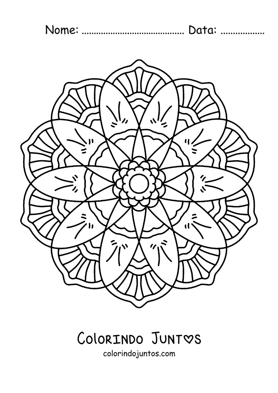 Desenho para colorir de uma mandala de primavera redonda com pétalas longas e um anel de flores