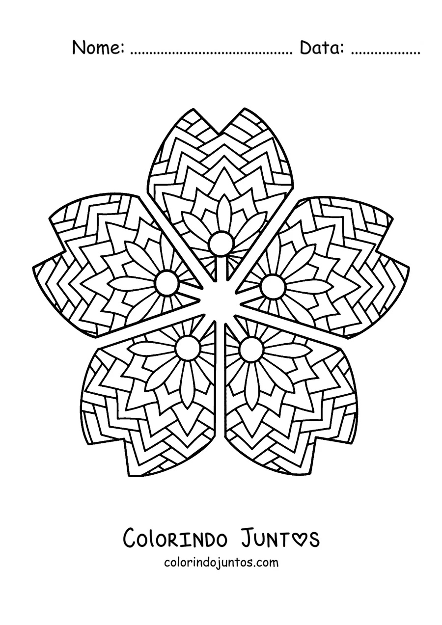 Desenho para colorir de uma mandala de primavera em forma de flor de cerejeira de cinco pétalas