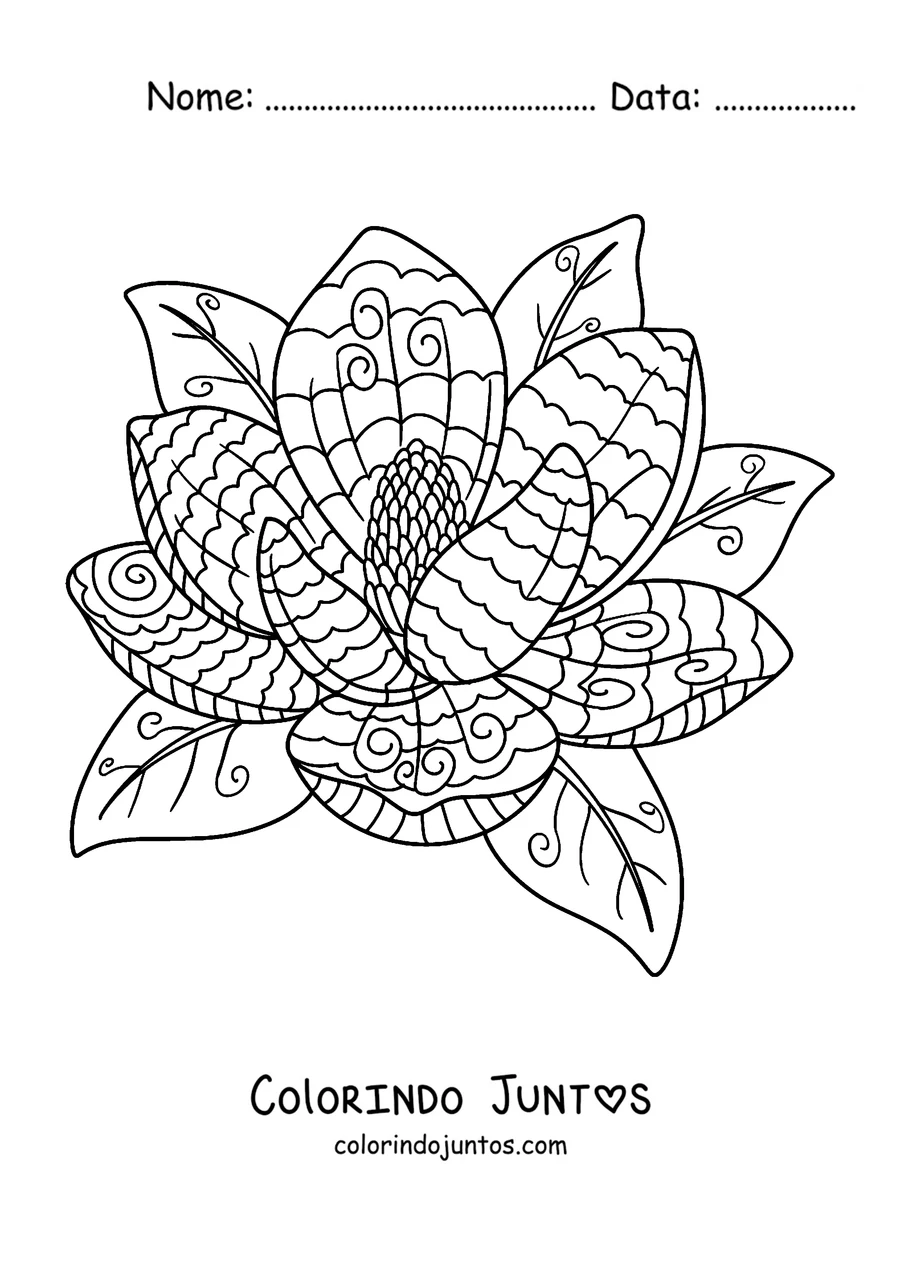 Desenho para colorir de uma mandala de primavera em forma de flor de magnólia com folhas