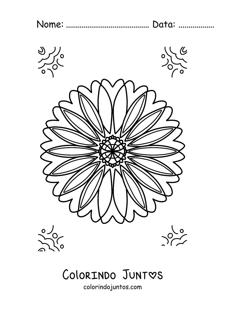 Desenho para colorir de uma mandala de primavera em forma de margarida de muitas pétalas