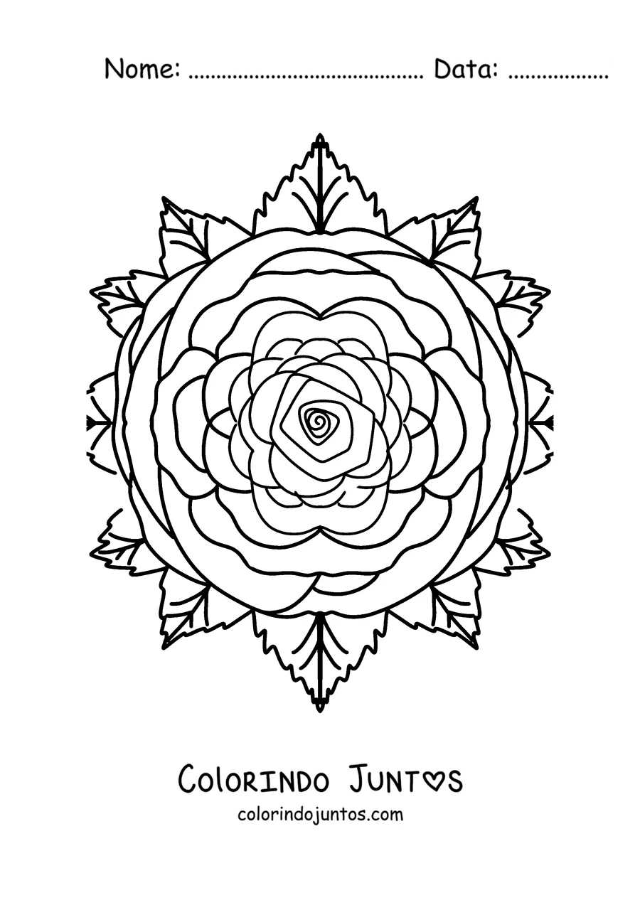 Desenho para colorir de uma mandala de primavera com uma rosa no centro e folhas ao redor