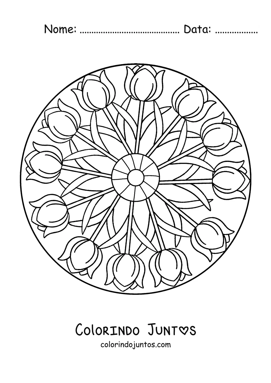 Desenho para colorir de uma mandala de primavera com tulipas em círculo ao redor do centro