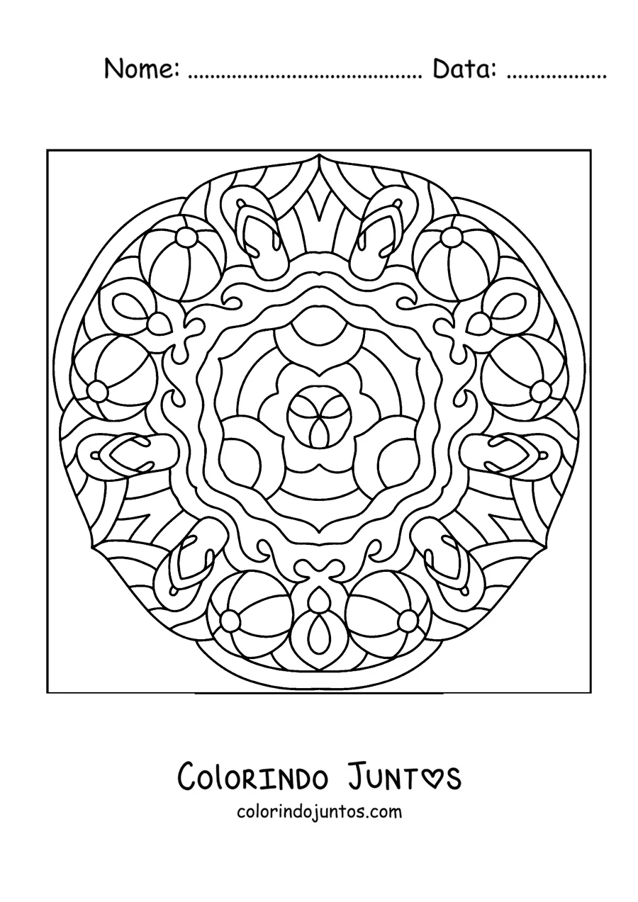 Desenho para colorir de uma mandala de verão com bolas de praia e chinelos