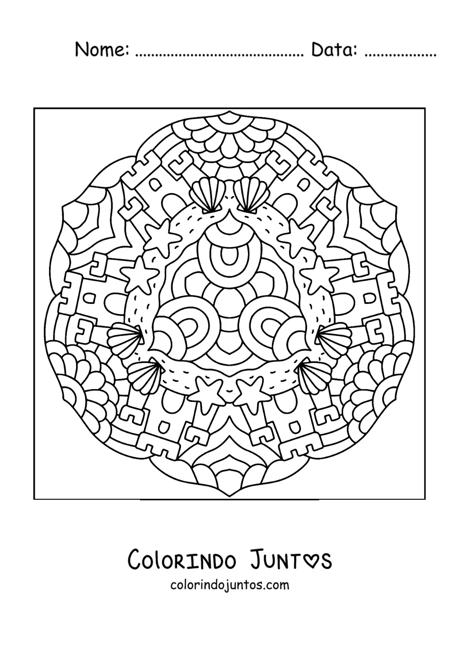 Desenho para colorir de uma mandala de verão com castelos de areia, conchas e estrelas-do-mar