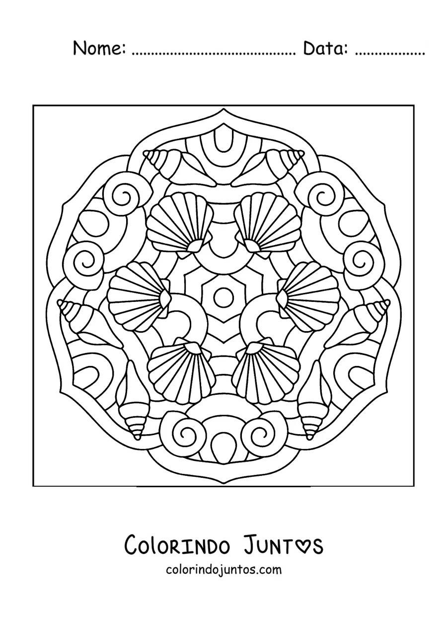 Desenho para colorir de uma mandala de verão formada por conchas e búzios do mar