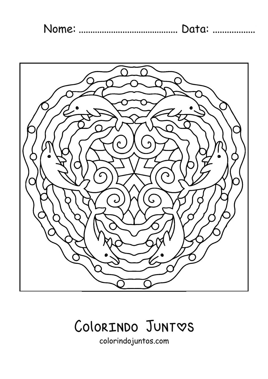 Desenho para colorir de uma mandala de verão com golfinhos saltando em círculo